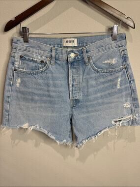 Agolde Light Wash Distressed Rolled and Ripped Denim Cutoffs 5" Size 28